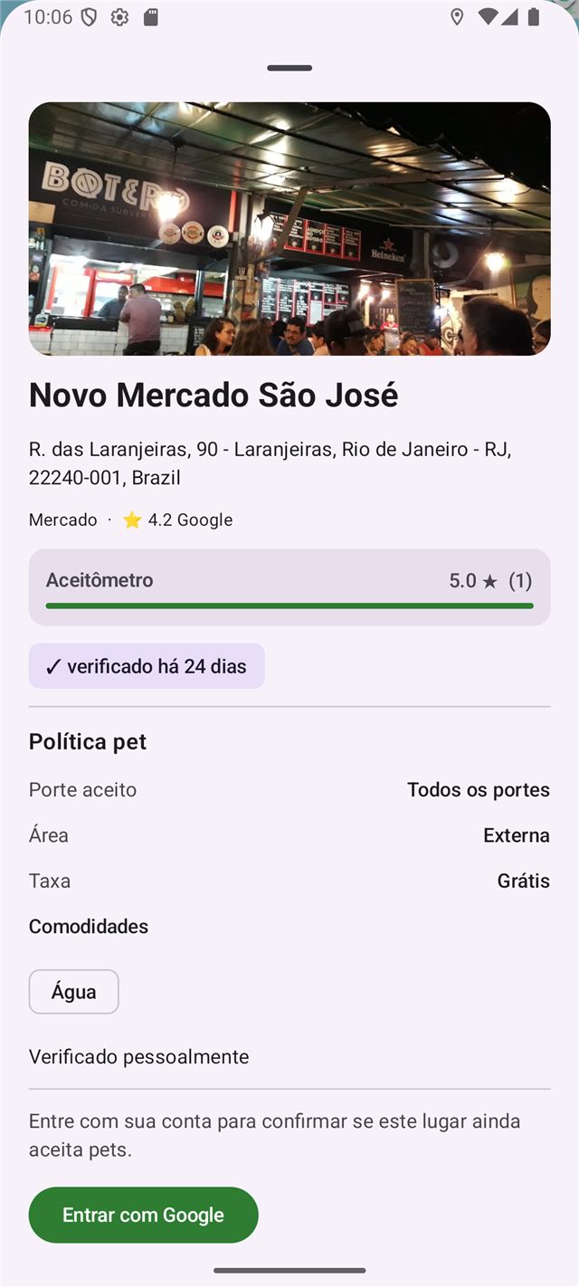 Tela de detalhe de um lugar com a política pet e o selo de verificação