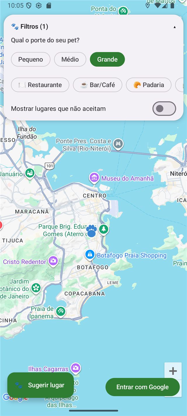 Tela do app com os filtros abertos e o porte Grande selecionado