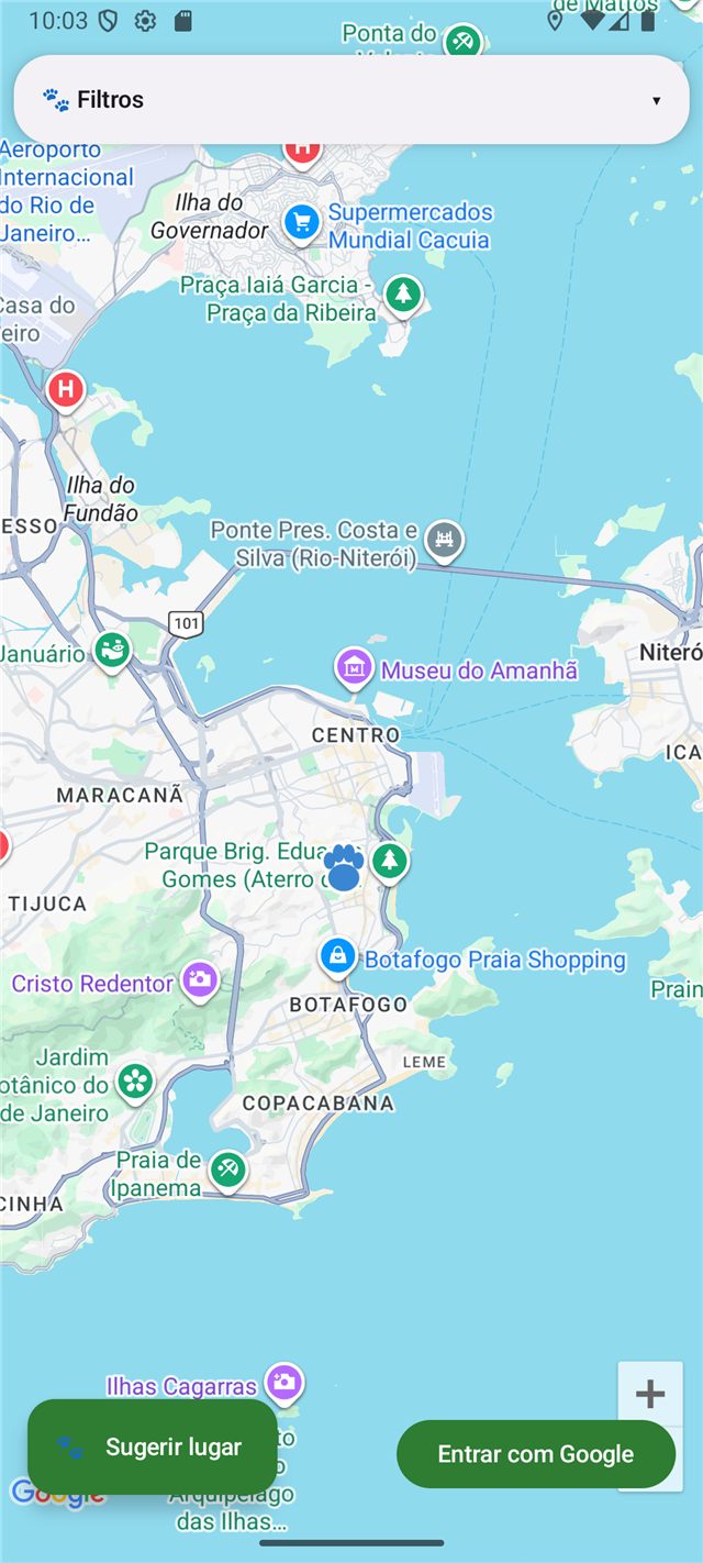 Tela do app com o mapa e pinos em forma de patinha coloridos por categoria
